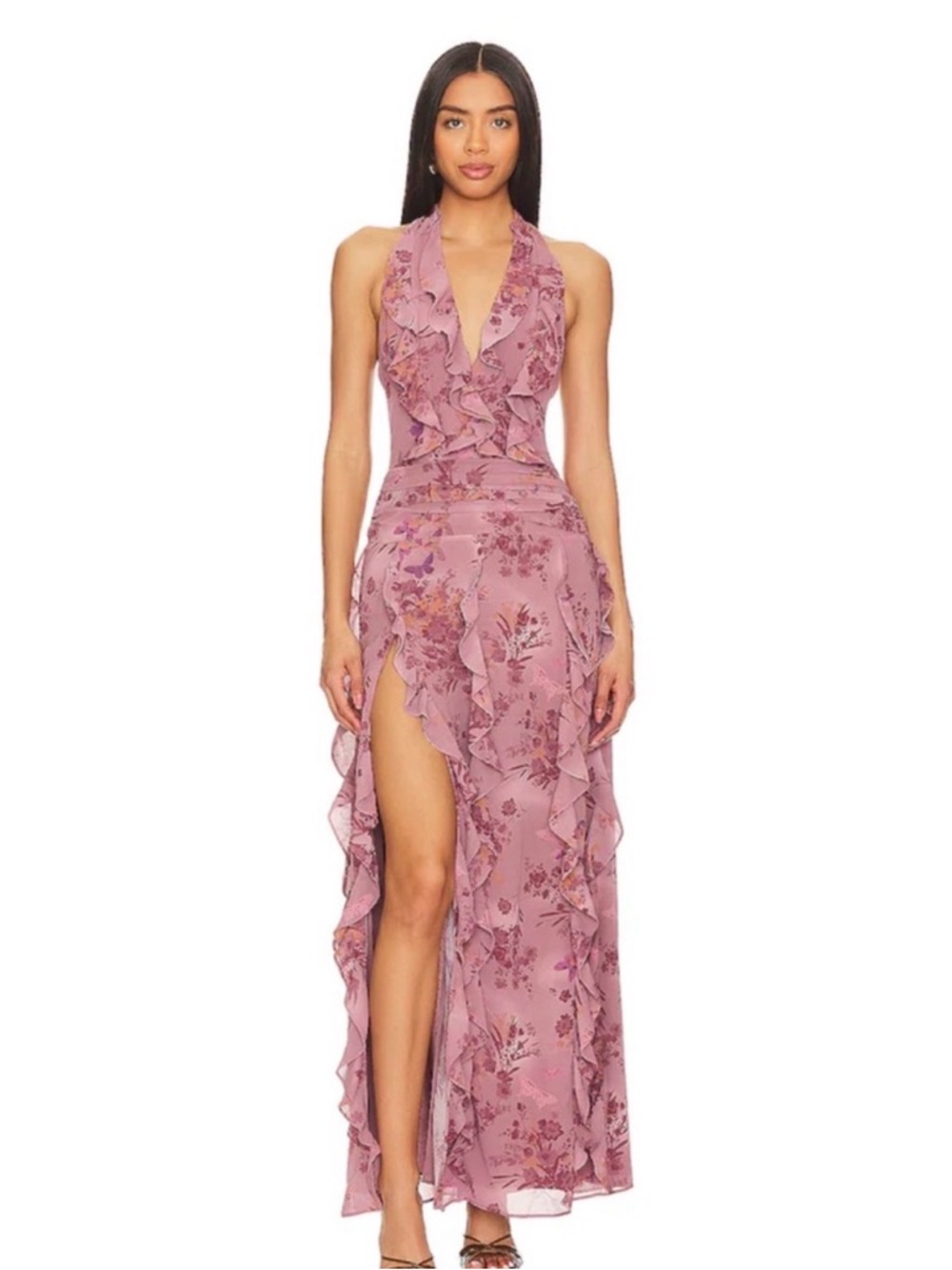 NBD Mauve Floral Backless Ruffled Halter Gown